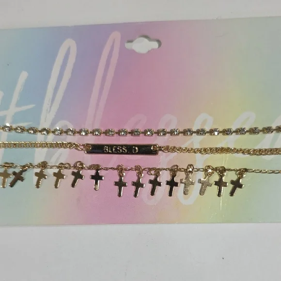 Layered Gold Cross Necklace Set – Blessed Faith Charm & Crystal Pendant Jewelry - Picture 5 of 9